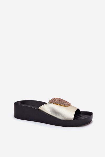 Women's Leather Slippers With Decoration KV51-028 Gold 2