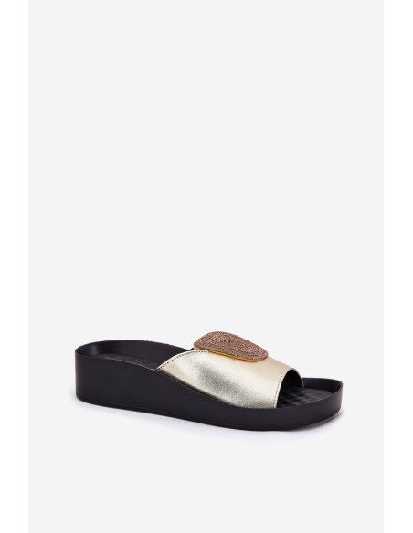Women's Leather Slippers With Decoration KV51-028 Gold