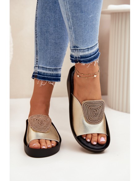 Women's Leather Slippers With Decoration KV51-028 Gold
