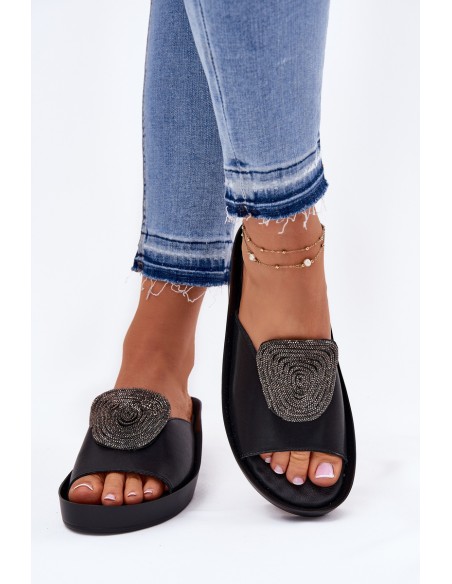Leather Ladies Slippers With Decoration KV51-028 Black