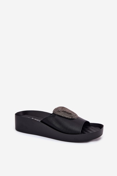 Leather Ladies Slippers With Decoration KV51-028 Black 2