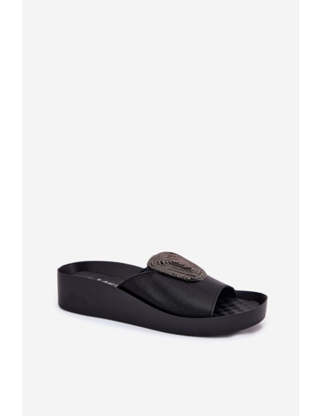 Leather Ladies Slippers With Decoration KV51-028 Black