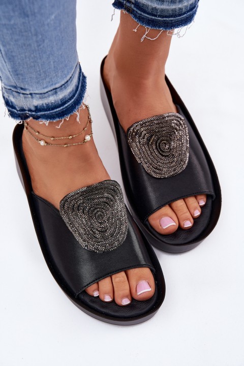 Leather Ladies Slippers With Decoration KV51-028 Black