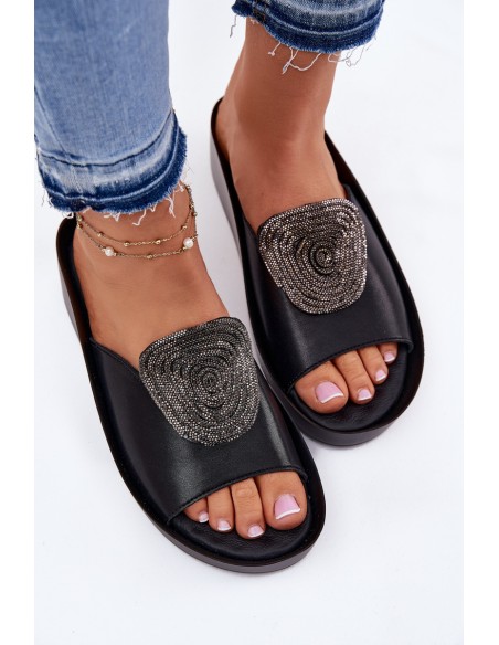 Leather Ladies Slippers With Decoration KV51-028 Black