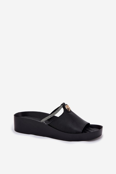 Leather Women's Slippers With Decorative Strap KV51-034 Black