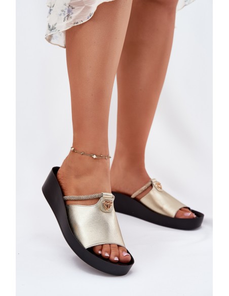 Leather Women's Slippers With Decorative Strap KV51-034 Gold