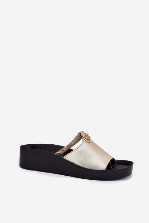 Leather Women's Slippers With Decorative Strap KV51-034 Gold