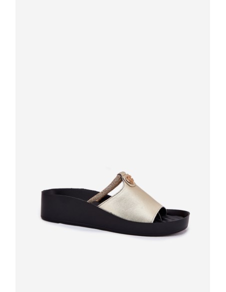 Leather Women's Slippers With Decorative Strap KV51-034 Gold