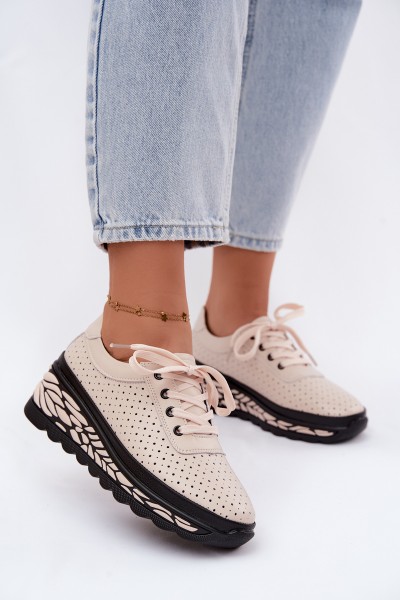 Leather Openwork Women's Flats With Wedge Beige Morra