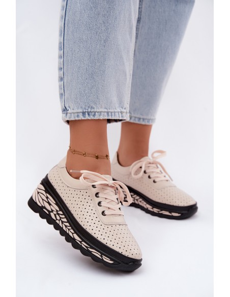 Leather Openwork Women's Flats With Wedge Beige Morra