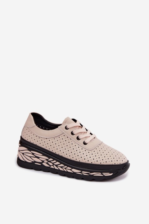 Leather Openwork Women's Flats With Wedge Beige Morra