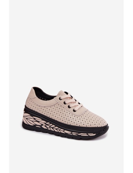 Leather Openwork Women's Flats With Wedge Beige Morra