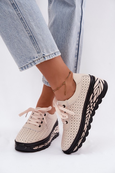 Leather Openwork Women's Flats With Wedge Beige Morra