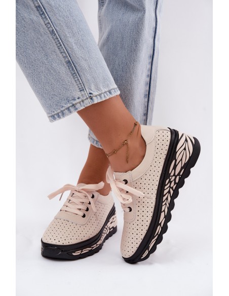 Leather Openwork Women's Flats With Wedge Beige Morra