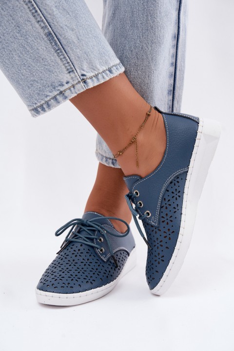 Leather Openwork Women's Loafers Navy Blue Softie