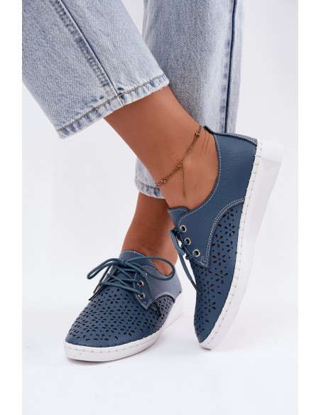 Leather Openwork Women's Loafers Navy Blue Softie