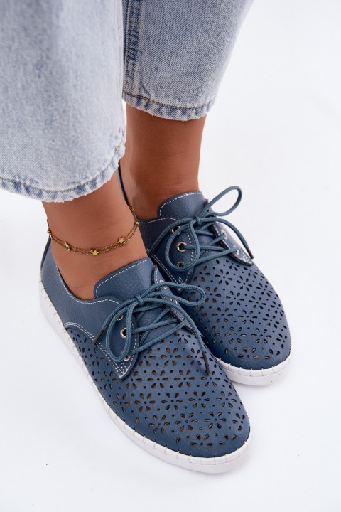Leather Openwork Women's Loafers Navy Blue Softie
