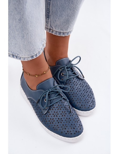 Leather Openwork Women's Loafers Navy Blue Softie