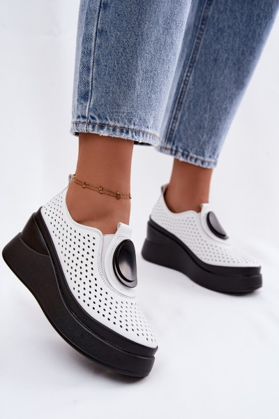 Women's Leather Openwork Platform Shoes With Embellishment White Malika