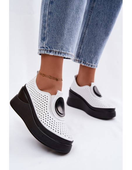 Women's Leather Openwork Platform Shoes With Embellishment White Malika