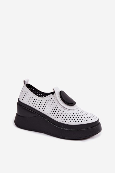 Women's Leather Openwork Platform Shoes With Embellishment White Malika 2