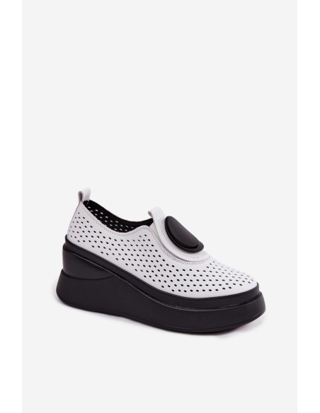 Women's Leather Openwork Platform Shoes With Embellishment White Malika
