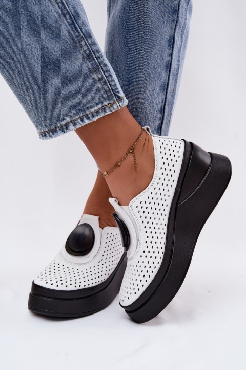 Women's Leather Openwork Platform Shoes With Embellishment White Malika
