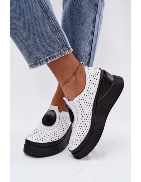 Women's Leather Openwork Platform Shoes With Embellishment White Malika