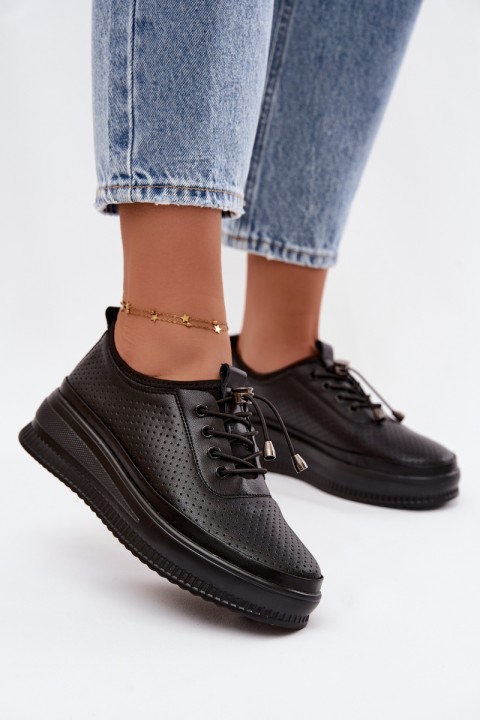 Leather Women's Platform Shoes With Perforation Black Dalila