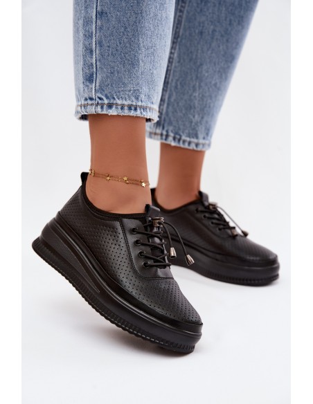 Leather Women's Platform Shoes With Perforation Black Dalila