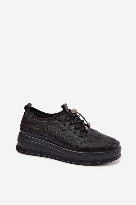 Leather Women's Platform Shoes With Perforation Black Dalila