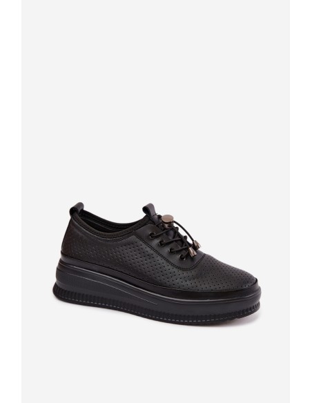 Leather Women's Platform Shoes With Perforation Black Dalila
