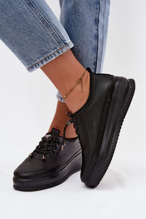 Leather Women's Platform Shoes With Perforation Black Dalila