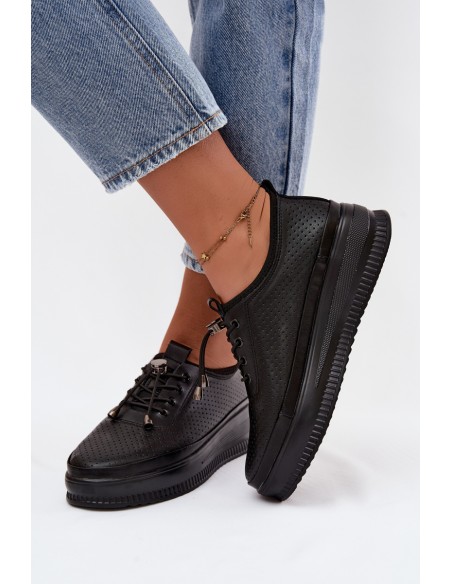 Leather Women's Platform Shoes With Perforation Black Dalila