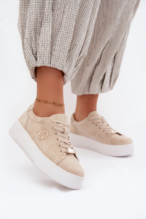 Leather Suede Women's Platform Sneakers Beige Dainty