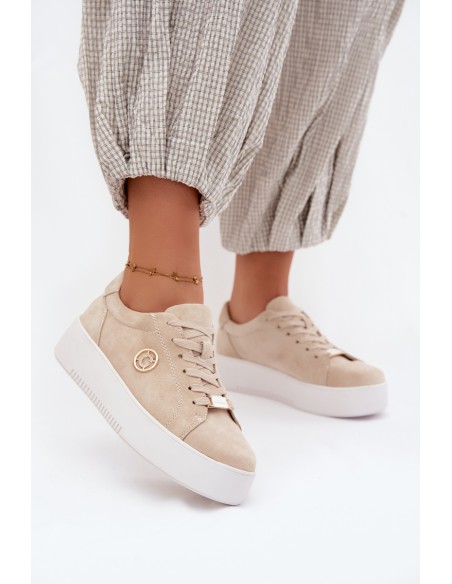 Leather Suede Women's Platform Sneakers Beige Dainty