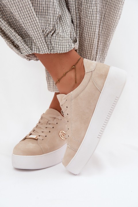 Leather Suede Women's Platform Sneakers Beige Dainty