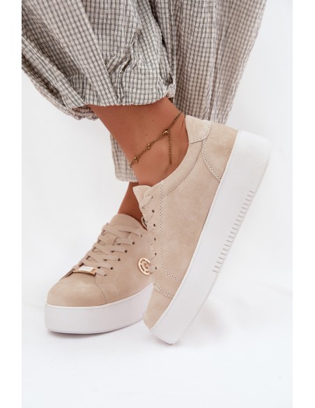 Leather Suede Women's Platform Sneakers Beige Dainty