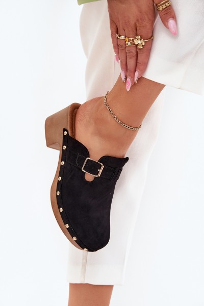 Women's Heeled Slippers With Buckle Black Veldexina