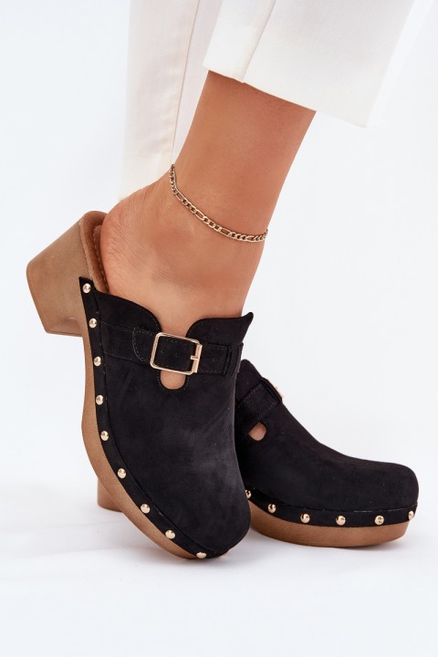 Women's Heeled Slippers With Buckle Black Veldexina