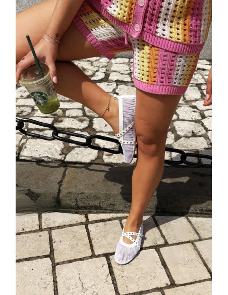 Mesh Flat Ballerinas With Straps White Salliroe
