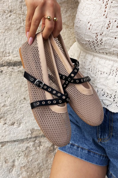 Mesh Flat Ballerinas With Straps Beige Salliroe