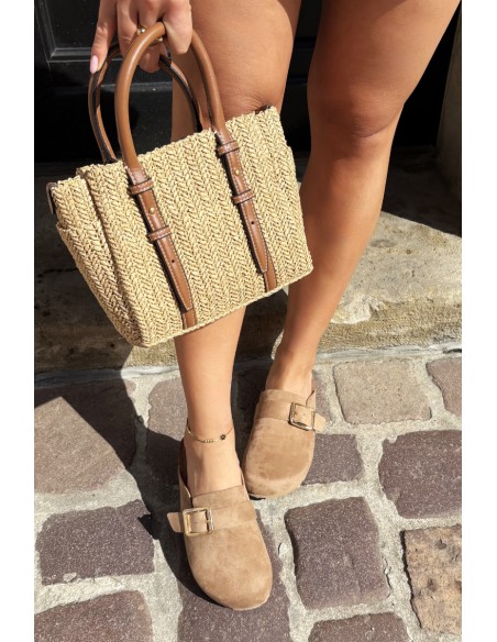 Women's Chodaki Slides With Gold Buckle Khaki Taffira