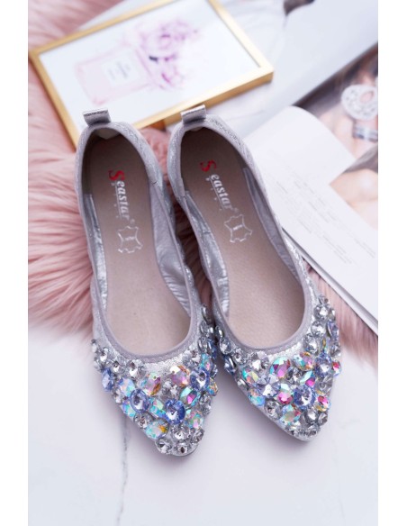 Leather Ballerinas with Stones Silver Crystal