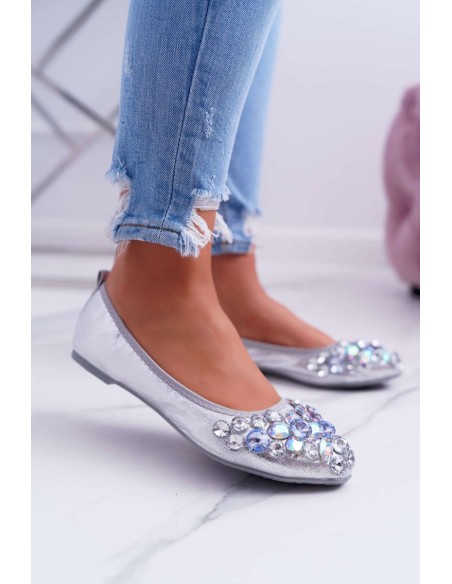 Leather Ballerinas with Stones Silver Crystal