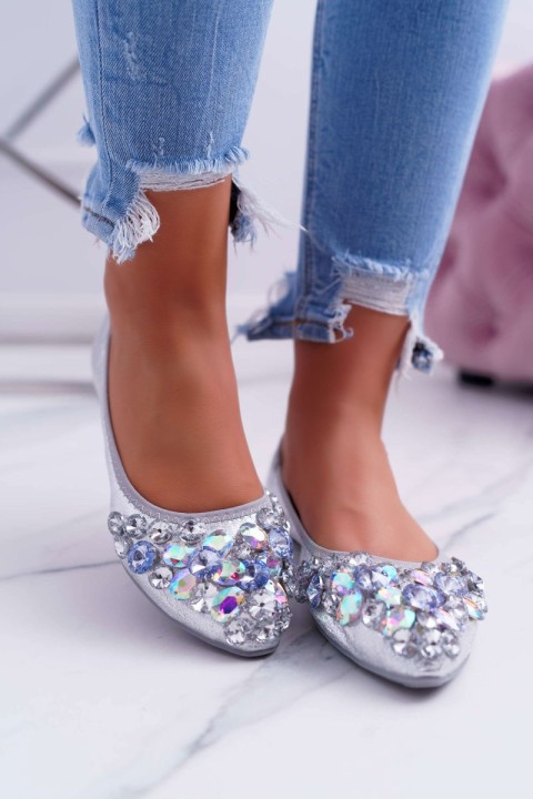 Leather Ballerinas with Stones Silver Crystal