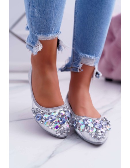 Leather Ballerinas with Stones Silver Crystal