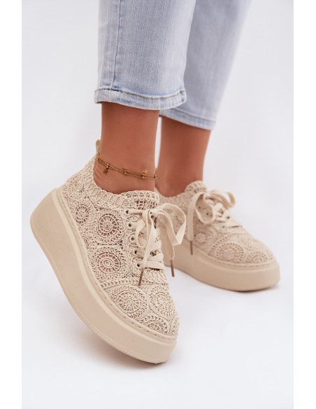 Women's Crochet Sneakers Platform Beige Evalora