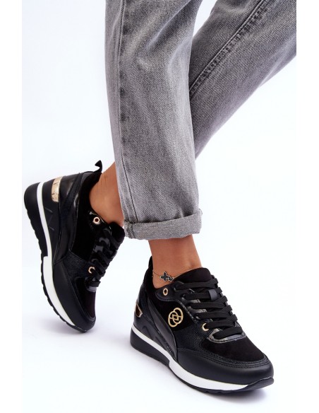 Women's Lace-up Sport Shoes on Wedge Heel Black Genova