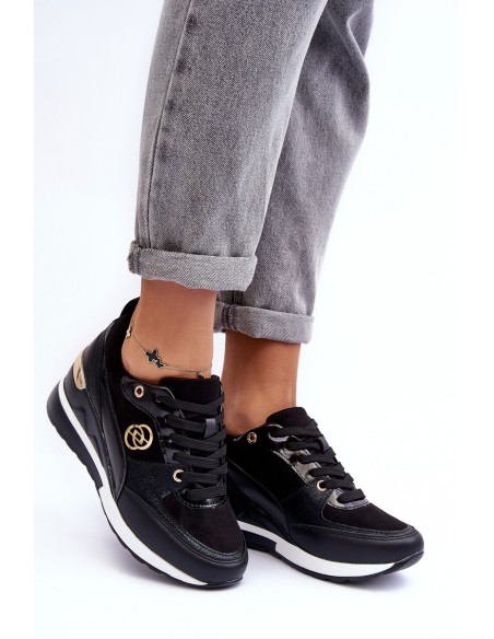 Women's Lace-up Sport Shoes on Wedge Heel Black Genova